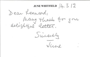 June Whitfield Signed Handwritten 2012 Note Absolutely Fabulous