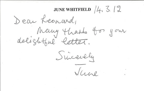 June Whitfield Signed Handwritten 2012 Note Absolutely Fabulous