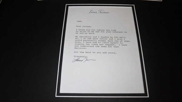 Lana Turner Signed Framed 1988 Typed Letter & Photo Poster Display JSA B