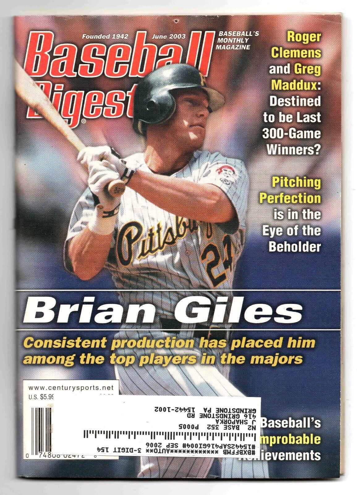 VINTAGE June 2003 Baseball Digest Magazine Brian Giles Greg Maddux