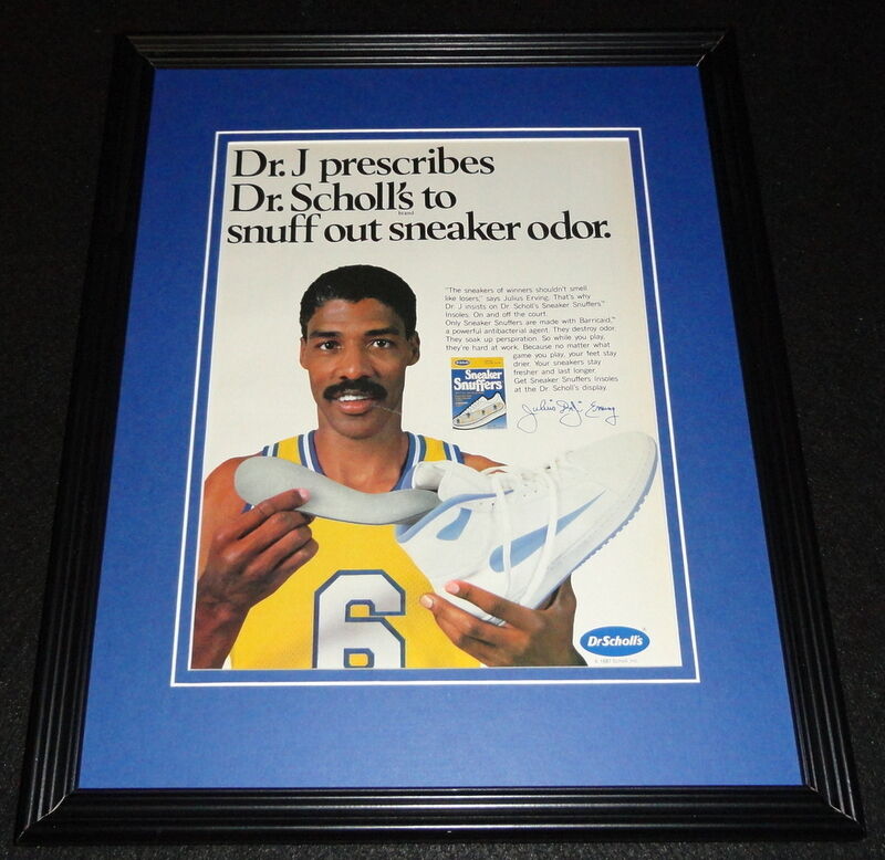 Dr J Julius Erving Facsimile Signed Framed 1987 Dr Scholl's Advertising Display