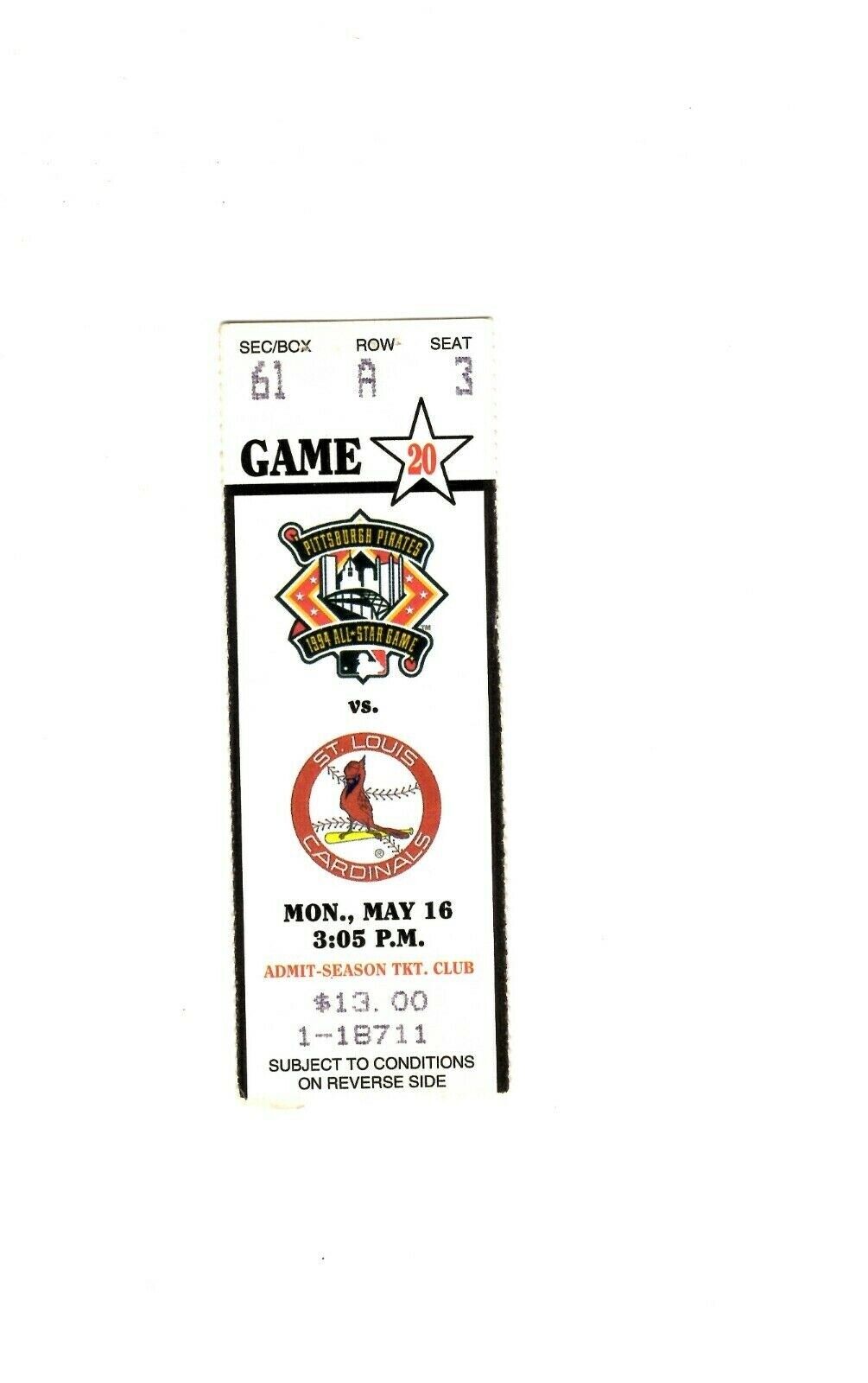 May 16 1994 St Louis Cardinals @ Pittsburgh Pirates Ticket Lance Parrish HR