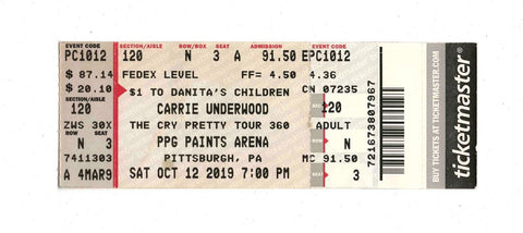 ORIGINAL Oct 12 2019 Carrie Underwood Cry Pretty Pittsburgh Concert Ticket