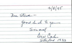 Bill Corbus Signed Index Card Stanford College HOF