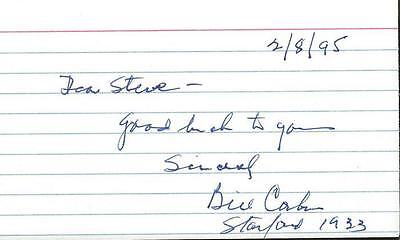 Bill Corbus Signed Index Card Stanford College HOF