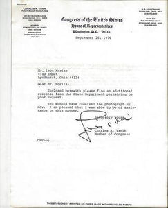 Charles Vanik Signed August 1976 Typed Letter Ohio B