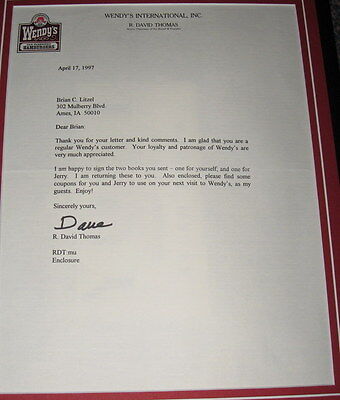 Dave Thomas Wendy's Founder Signed Framed Letter &  Photo Display 1997