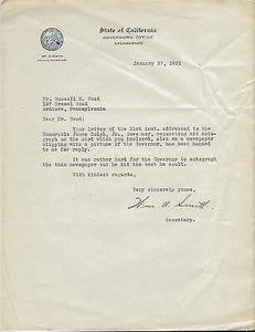 Signed 1931 Letter from James Rolph Jr Governor California 's Secretary