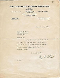 ORIGINAL 1929 Republican National Committee Hand Signed Letter Roy West Illinois