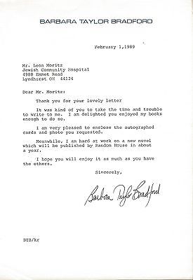 Barbara Taylor Bradford Signed 1989 Typed Letter