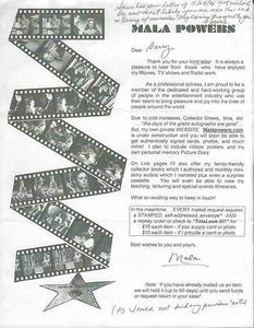 Mala Powers Signed 2000 Fan Club Sheet & Personal Note