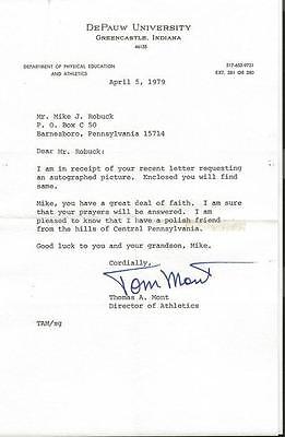 Thomas Tom Tommy Mont Signed 1979 Typed Letter DePauw Maryland 