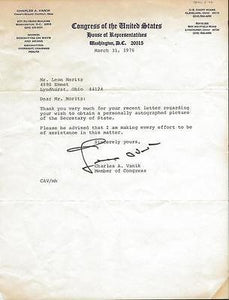 Charles Vanik Signed March 1976 Typed Letter Ohio